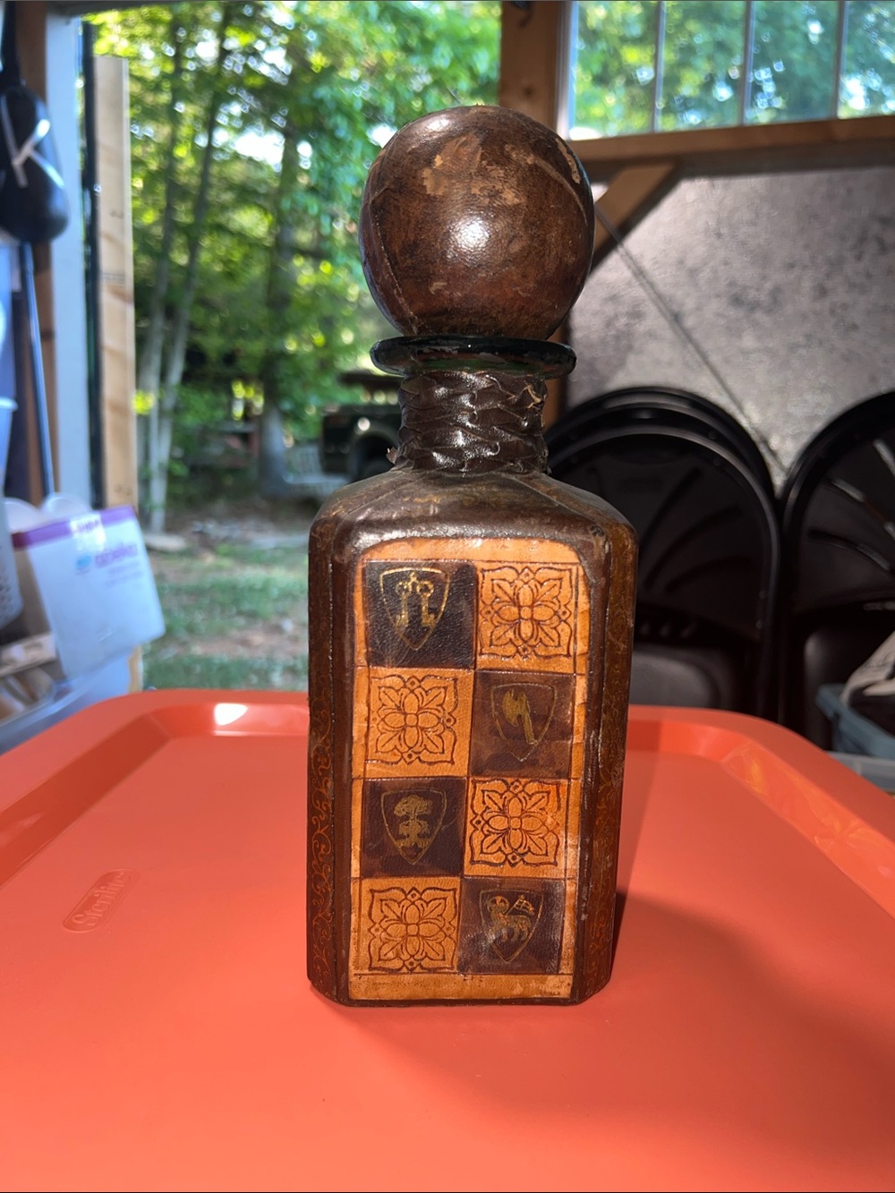Decorative Leather-Wrapped Bottle Vase in Brown and Tan
